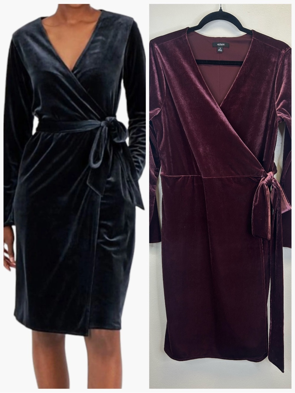 Velvet V-Neck Wrap Dress Plum Purple Pockets Size M Event Party Elegant Holiday